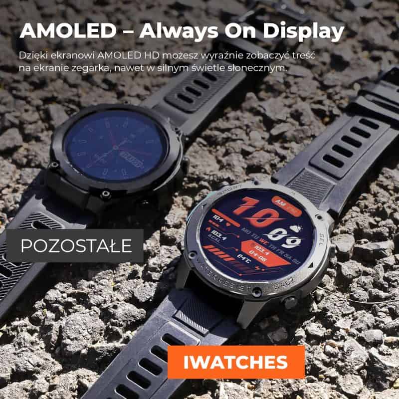 Smartwatch z ekranem AMOLED, czytelny nawet w pełnym słońcu, idealny do codziennego użytku i sportu.