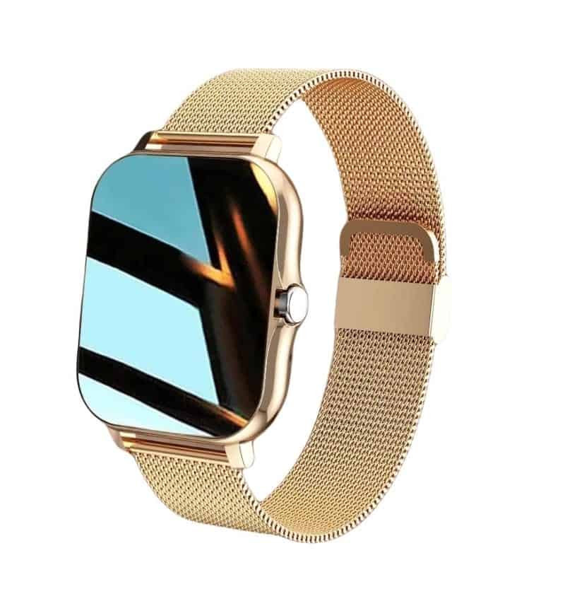 Smartwatch Gold z eleganckim wyświetlaczem i złotym paskiem. Idealny dodatek do stylizacji na co dzi.