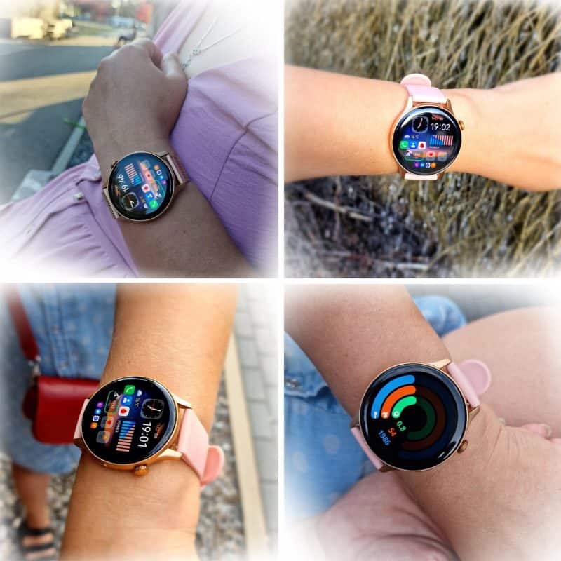 Smartwatch na rękę z ekranem dotykowym i funkcjami zdrowotnymi.