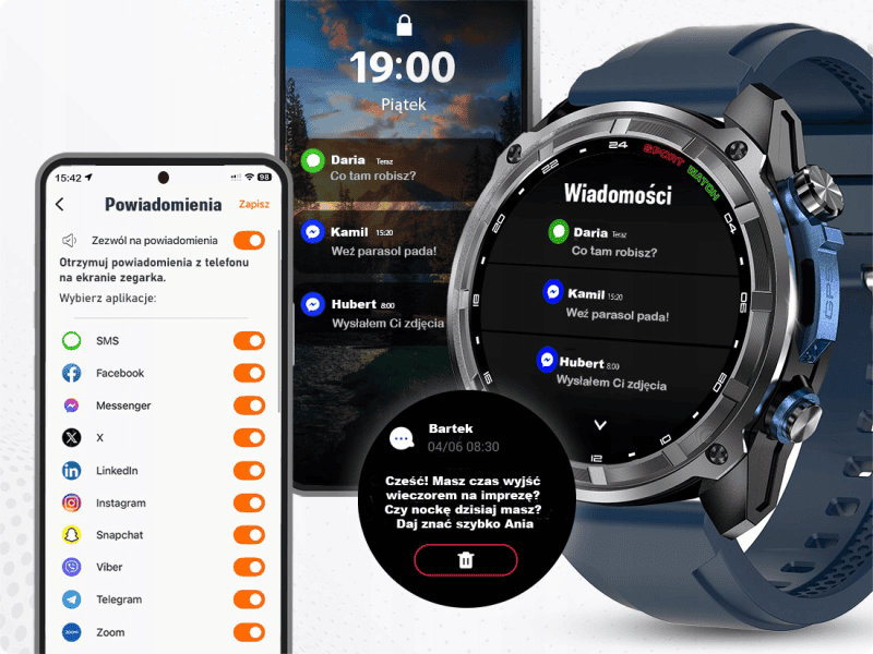 Smartwatch z powiadomieniami i funkcją monitorowania zdrowia.