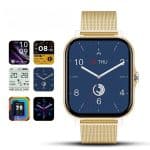 Smartwatch z eleganckim wyświetlaczem i złotą bransoletą Smartwatch z dużym ekranem i funkcjami fitness, idealny na co dzień i do treningów.