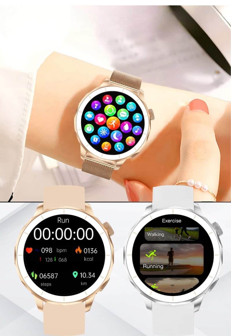 Smartwatch z ekranem dotykowym i funkcjami zdrowotnymi.