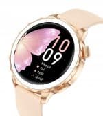Zegarek smartwatch z motywem motyla, złota koperta i różowa opaska.