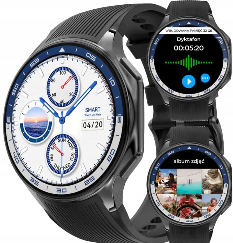 Smartwatch z ekranem dotykowym, funkcjami fitness i możliwością robienia zdjęć.