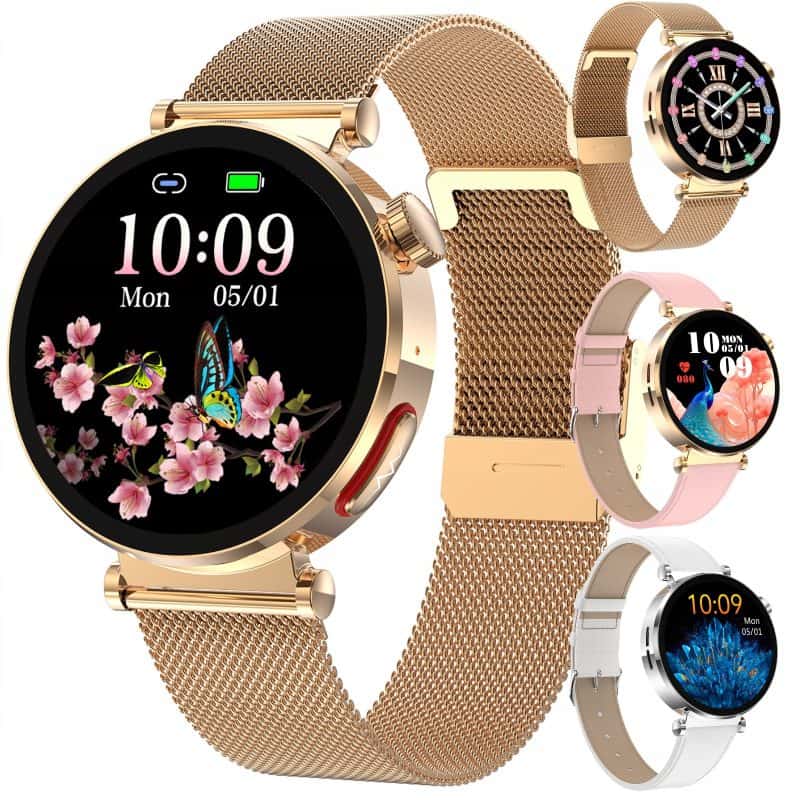 Smartwatch z kolorowym wyświetlaczem, monitorowaniem zdrowia i stylowym paskiem.