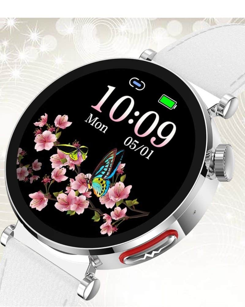 Smartwatch z kolorowym wyświetlaczem, kwiatami i motylem, idealny dla miłośników nowoczesnych zegark.