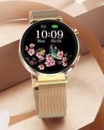 Zegarek smartwatch damski z motywem kwiatów i motyla Smartwatch damski z ekranem dotykowym, funkcjami fitness i eleganckim designem.