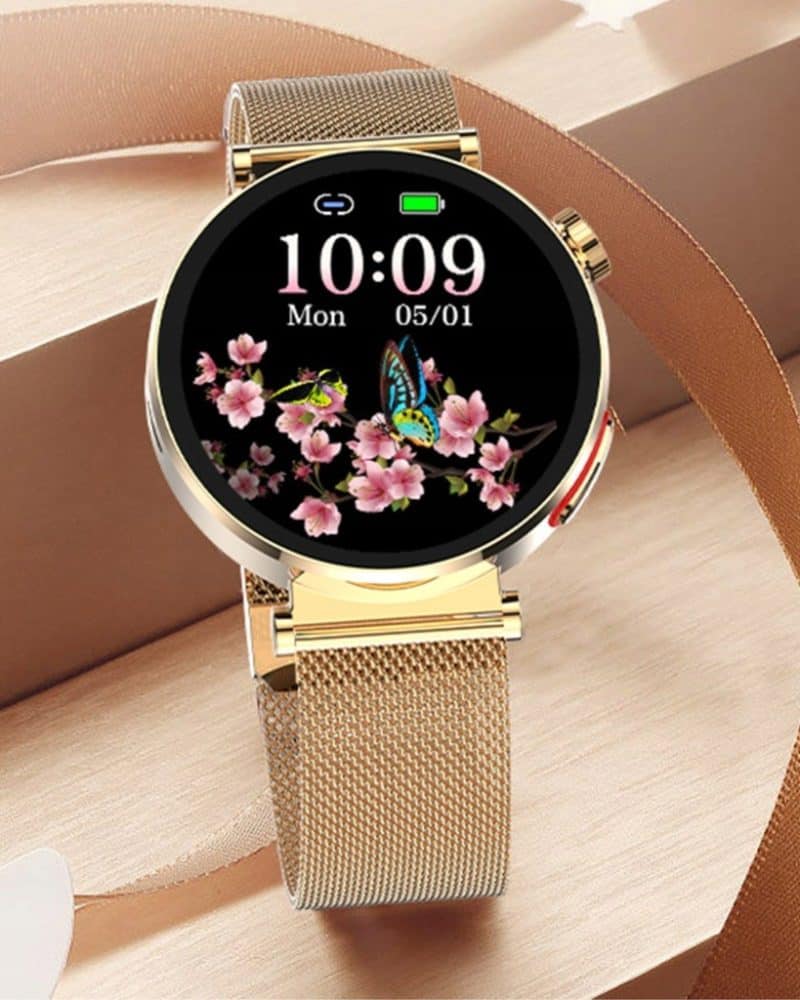 Smartwatch damski z ekranem dotykowym, funkcjami fitness i eleganckim designem.