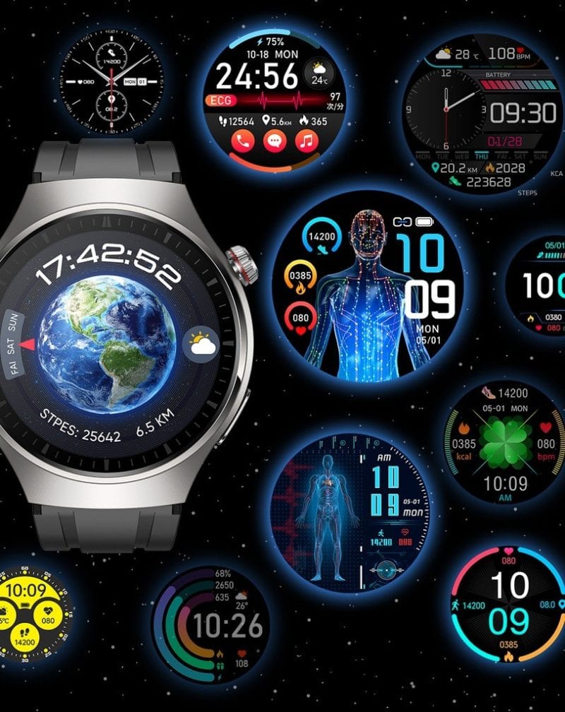 Smartwatch z wieloma ekranami i funkcjami monitorowania zdrowia.