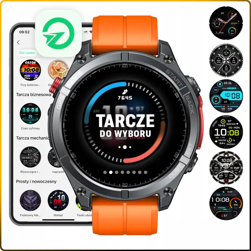 Smartwatch sportowy z czarnym wyświetlaczem i pomarańczowym paskiem, idealny do aktywności fizycznej.