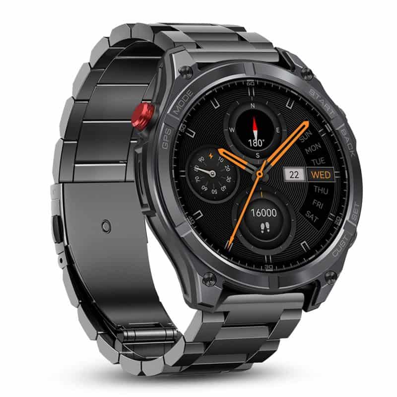 Smartwatch sportowy z czarnym wyświetlaczem i funkcjami fitness.
