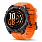 Zegarek sportowy IWatches z czarną kopertą i pomarańczowym paskiem, funkcje fitness i powiadomienia.