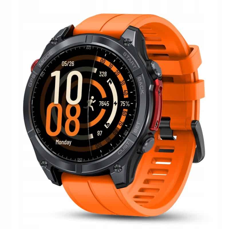 Zegarek sportowy IWatches z czarną kopertą i pomarańczowym paskiem, funkcje fitness i powiadomienia.