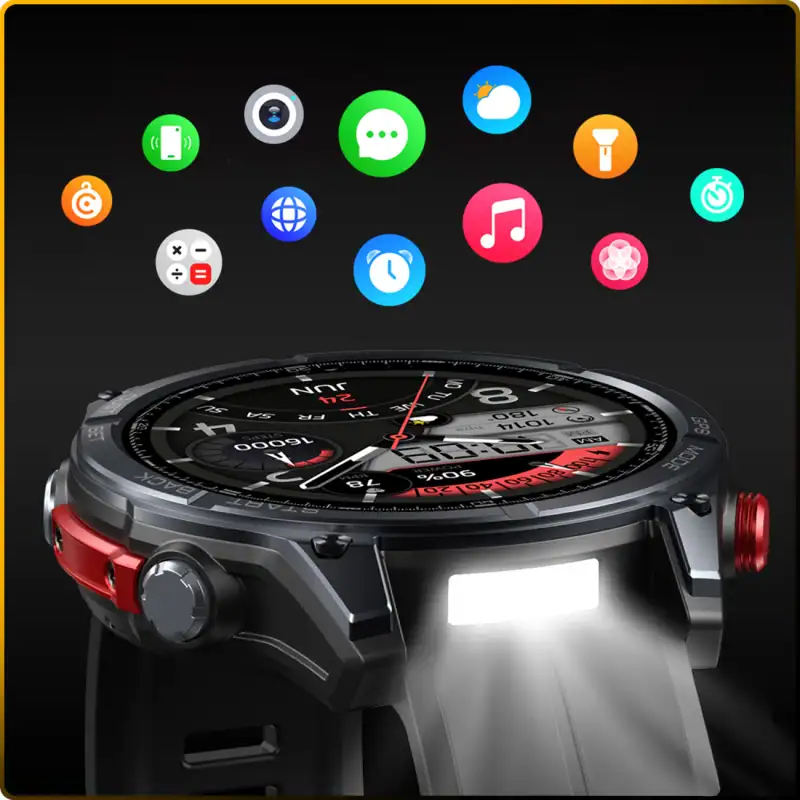 Nowoczesny smartwatch IWatches z funkcjami fitness i powiadomień na czarnym tle.