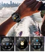 Smartwatch na wodzie z funkcjami fitness i powiadomieniami.