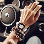 Smartwatch damski na nadgarstku w samochodzie Elegancki smartwatch damski z funkcjami fitness i powiadomieniami, idealny na co dzień i do eleganck.
